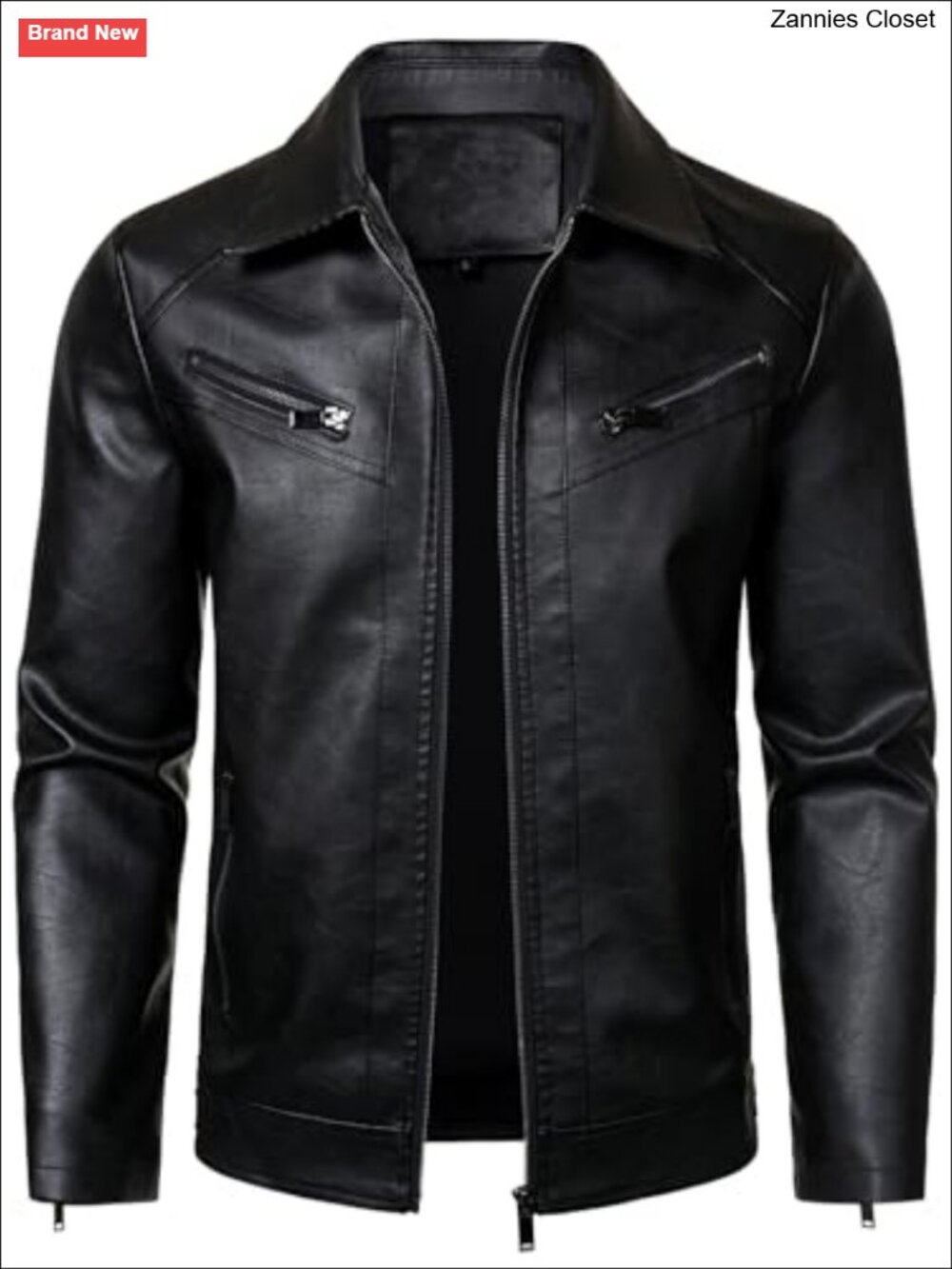 Mens PU Leather Jacket Classic Collared Biker Motorcycle Zip Up